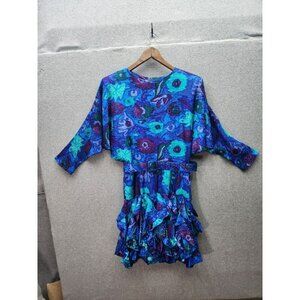 Vintage Gillian Silk Floral Print Ruffle Dress With Belt Size 14 Purple & Blue 3